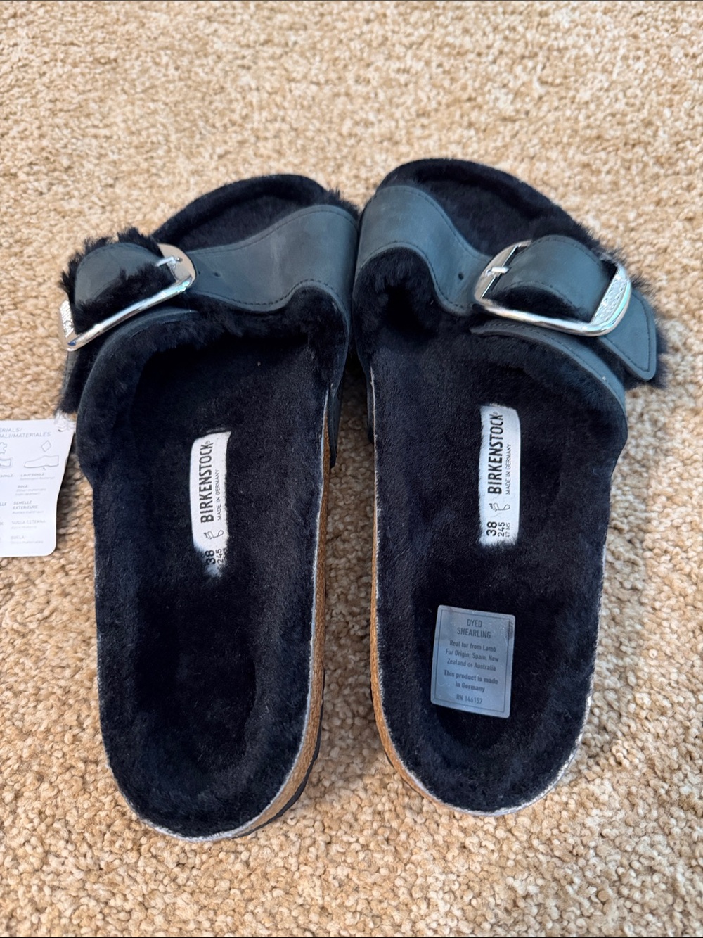 Birkenstock Black Shearling Single-Buckle Slide Sandals